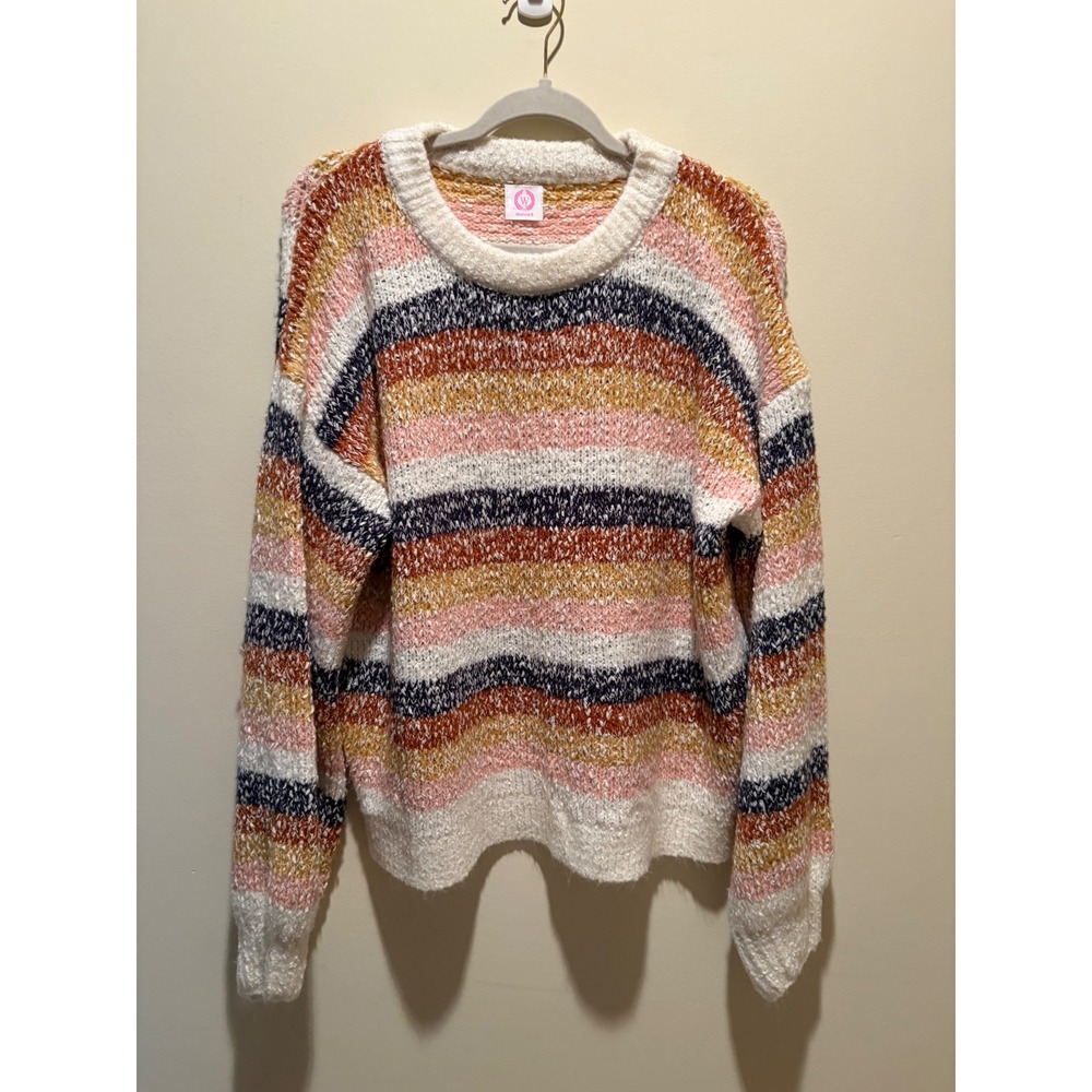 Wanna B Women Popcorn Knit Striped Sweater Crewneck Pink Orange Navy Size L